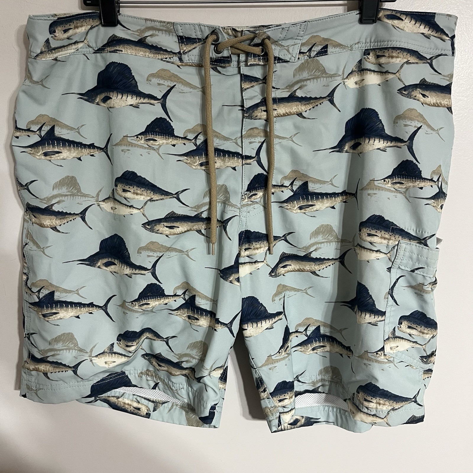 JCrew Flex Swimwear Swim Trunks Board Shorts Mens Size 38 Blue Marine Fish